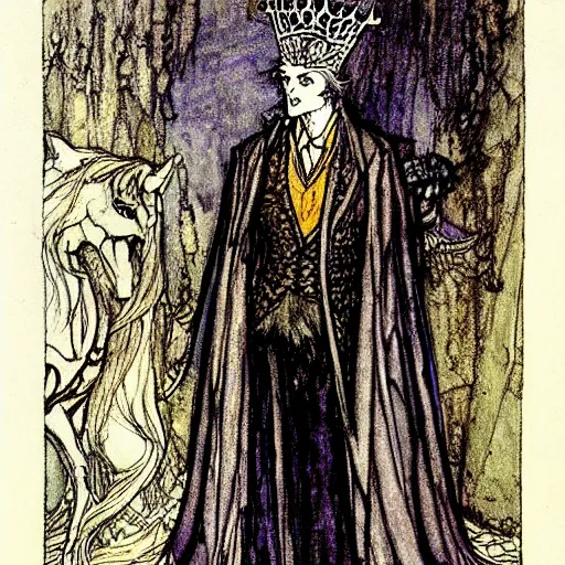 Prompt: Lord Auberon wearing an exquisite suit and a crown, color illustration by Arthur Rackham