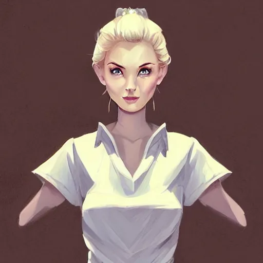 Image similar to epic portrait an beautiful waitress in a white uniform and short sleeves carriyng coffee, front facing symmetrical centered painted portrait, just one head, Elisha Cuthbert as a D&D Paladin, RPG character avatar, Blizzard concept art, pixar, dreamworks, global illumination lighting, trending on artstation, by lois van baarle, ilya kuvshinov, rossdraws