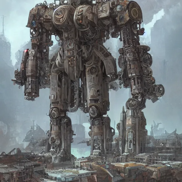 Image similar to symmetrical dieselpunk warrior, giant goliath mecha with details and decals in the utopia city. sci - fi, by mandy jurgens, ernst haeckel, james jean