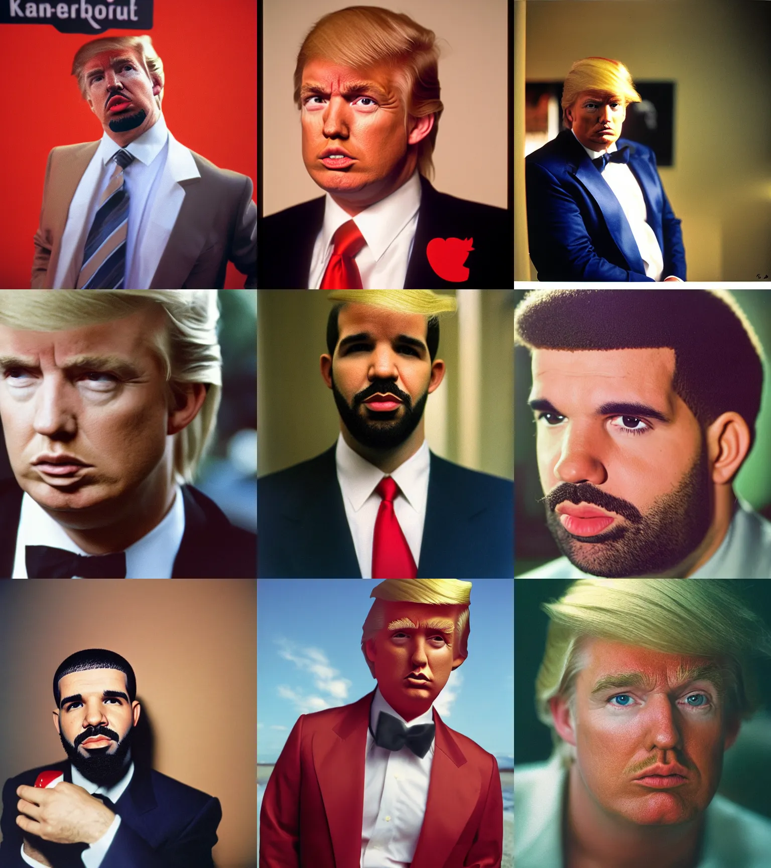 Prompt: portrait of drake dressed as donald trump, looking intensely at the camera, photograph taken by steve mccurry, kodachrome 6 4 color slide film, with a nikon fm 2 camera and nikkor 1 0 5 mm ai - s f 2. 5 lens