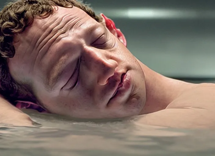 Image similar to film still of mark zuckerberg floating in a tank of milky fluid as a precog eyes closed and wires on his forehead minority report movie, 8 k