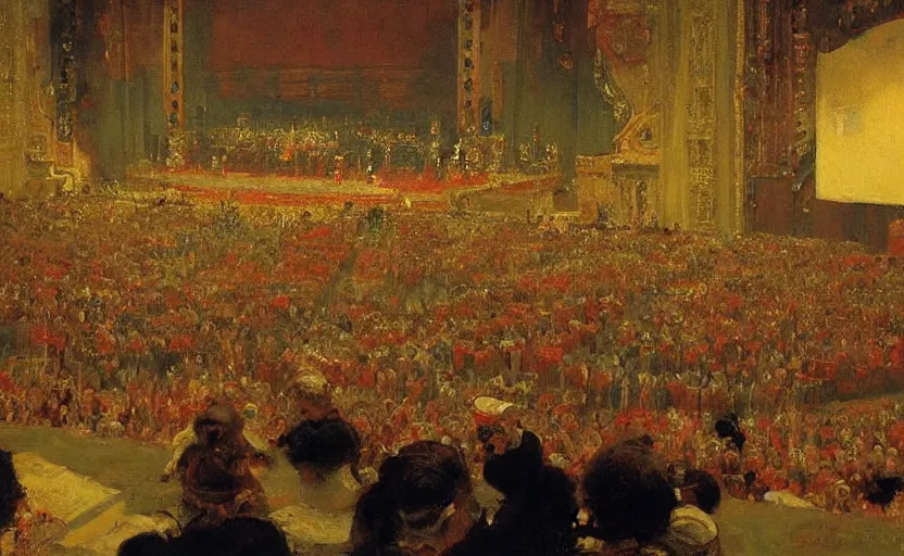 Image similar to high quality high detail painting by ilya repin, establishing shot of a theater show, hd