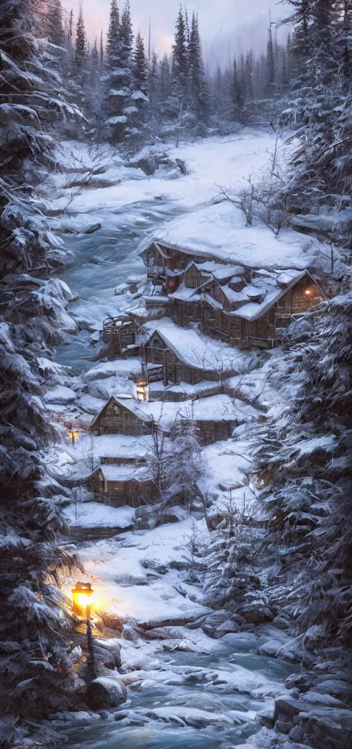 Image similar to cozy lodge beside a river stream in the canadian wilderness in winter, dramatic lighting, cinematic, establishing shot, extremely high detail, photo realistic, cinematic lighting, post processed, concept art, artstation, matte painting, style by eddie mendoza, raphael lacoste, alex ross