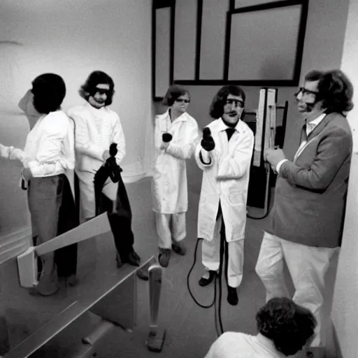 Prompt: Scientists testing out a new teleportation device, 1980 archival photo