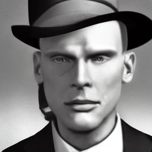 Image similar to A photograph portrait of Jerma985 wearing a suit with and fedora in the 1950s, taken in the early 1950s, grainy, taken on a 1950s Kodak Camera, realistic, hyperrealistic, very realistic, highly detailed, very detailed, extremely detailed, detailed, digital art, trending on artstation