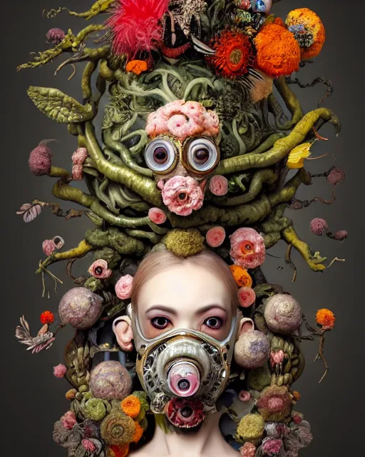 Image similar to a maximalist biomorphic portrait with with large eyes, expressive, wearing a botanical gas mask by arcimboldo, baroque painting by ayami kojima, mark ryden, haunting surrealism by dali, statue, high fashion design, focus on head, soft light, 4 k, octane high quality render