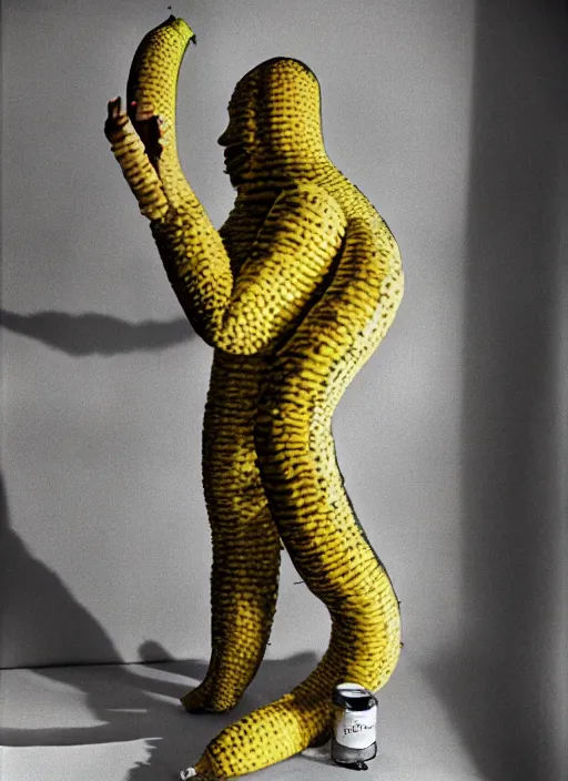 Image similar to photorealistic photograph of a banana / human hybrid creature, 3 5 mm film, fuji, leica s, bigfoot, nyc, in the style of fashion photography, intricate, golden hour sunlight, kodachrome