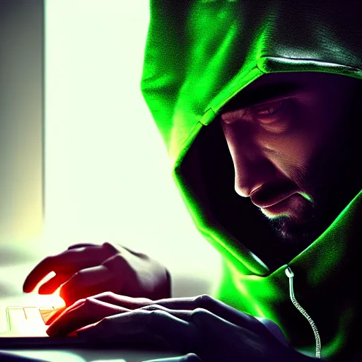 Image similar to portrait of a programmer with green hood by greg rutkowski, neon light, close up