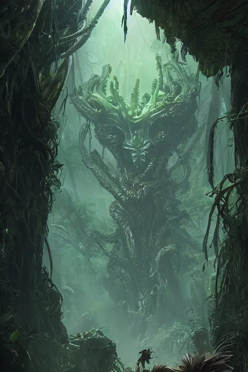 Prompt: giant alien queen in the Jungle, lovecraftian creature, dramatic lighting, cinematic, establishing shot, extremly high detail, foto realistic, cinematic lighting, post processed, concept art, artstation, matte painting, style by eddie mendoza, raphael lacoste, alex ross