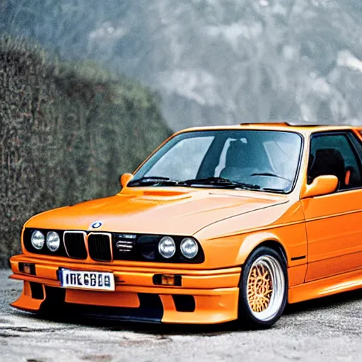 Prompt: orange bmw e 3 0 m 3 floating in space