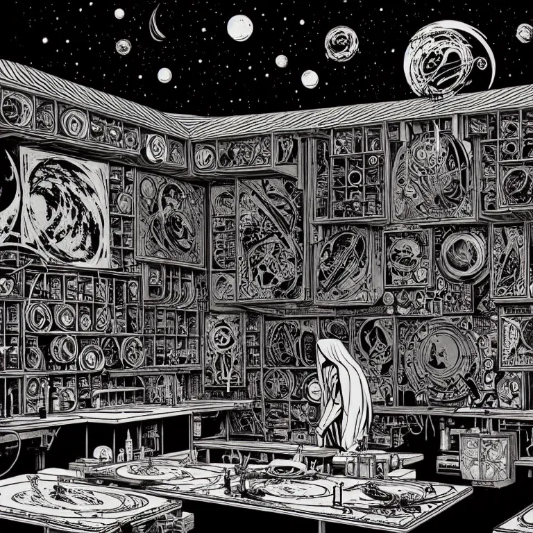 Image similar to ancient alchemist wizards laboratory, ceiling open to outerspace, high details, intricate clean line art, by vincent di fate, inking, 3 color screen print, masterpiece, trending on artstation, sharp, high contrast, hyper - detailed, hd, 4 k, 8 k