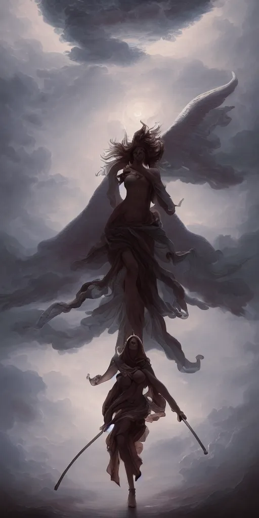 Image similar to a defiant angel walking towards the heavenly gates of hope surrounded by the dark clouds of fear and despair, artistic, artstation painting, behance, peter mohrbacher