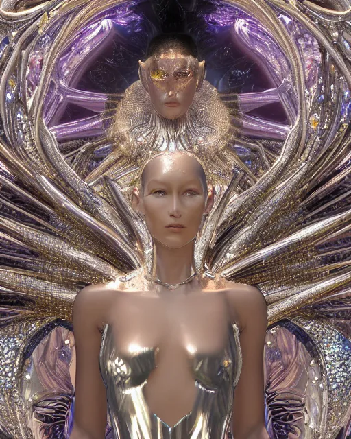 Image similar to a highly detailed metahuman 4 k close up render of an alien goddess bella hadid monument in iris van herpen dress armor schiaparelli in diamonds crystals swarovski and jewelry iridescent in style of alphonse mucha gustav klimt trending on artstation made in unreal engine 4