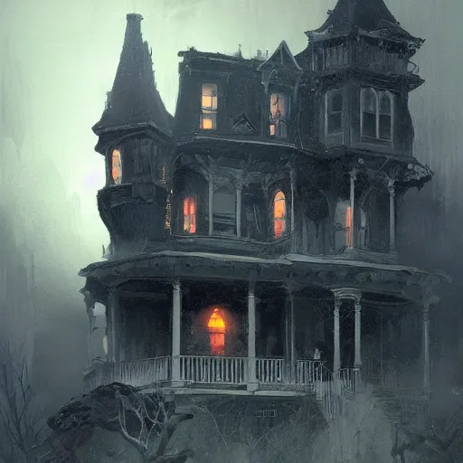 Image similar to a ghost outside a haunted victorian house, horror, greg rutkowski