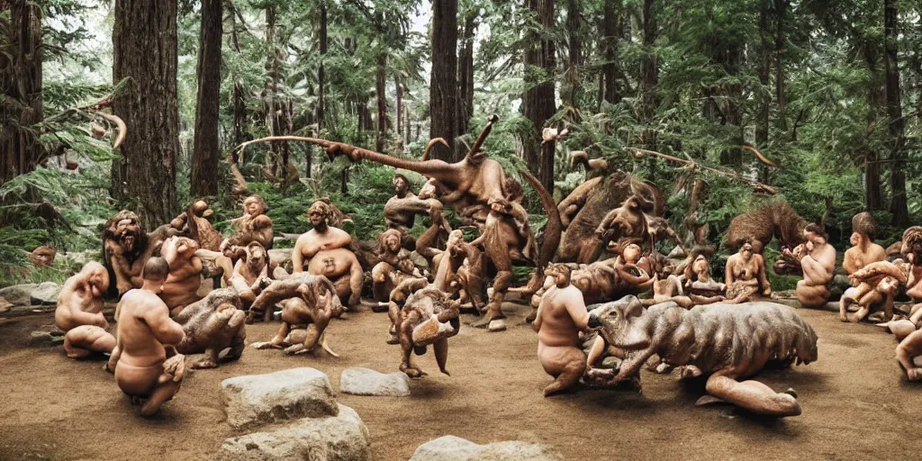 Image similar to photo, neanderthal people, sumo japanese, eating inside mcdonalds, surrounded by dinosaurs!, gigantic forest trees, sitting on rocks, bright moon