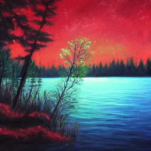 Image similar to lake, trees, night, fireflies glowing above water, painting, concept art,