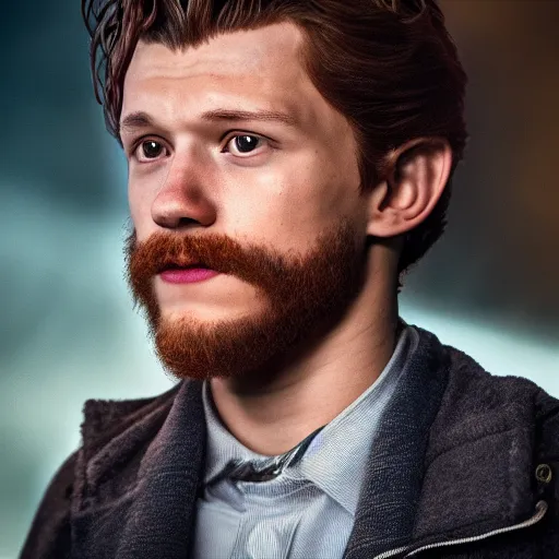 Image similar to tom holland with a beard as the new doctor who, cinematic, volumetric lighting, f 8 aperture, cinematic eastman 5 3 8 4 film, photorealistic