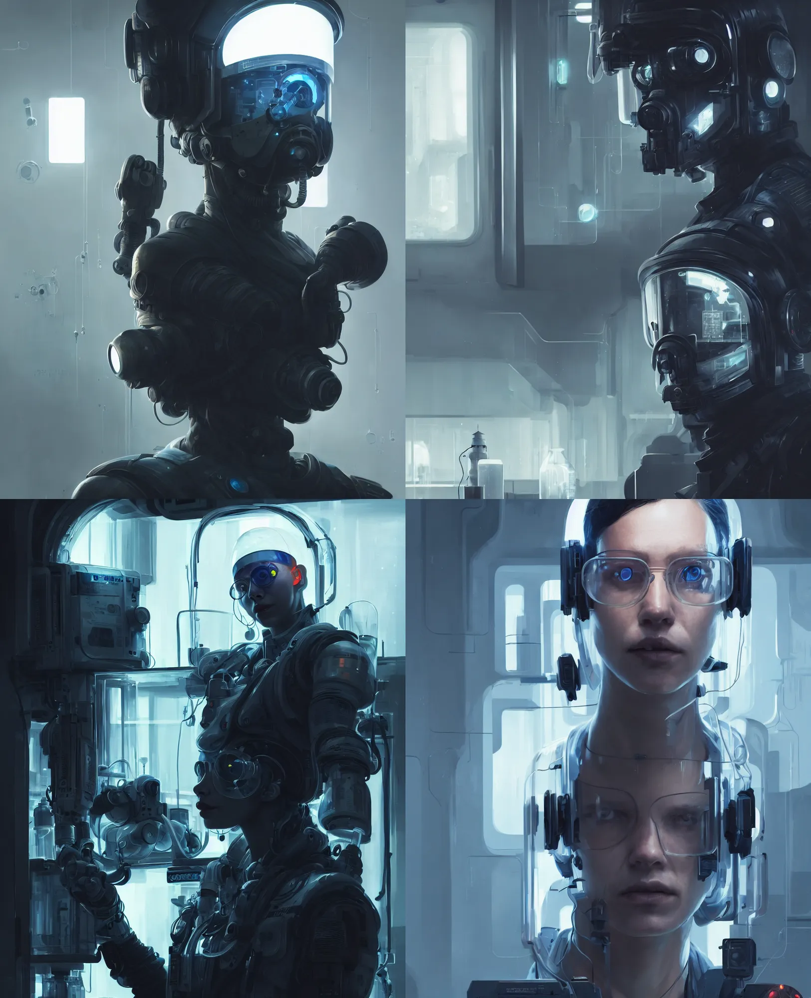 Image similar to a portrait of a scifi operator in the laboratory, one person, clear face, cyberpunk suit, character portrait, greg rutkowski, cedric peyravernay, denys tsiperko, artstation, 8 k