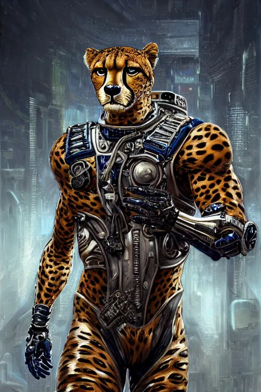 Image similar to a portrait of a muscular anthropomorphic cyberpunk cheetah in spacesuit armor with ensignia on chest plate by sandra chevrier, by jon foster, detailed render, post - processing, extremely hyperdetailed, intricate, epic composition, cybernetics, 4 k realistic, cryengine, realistic shaded lighting, sharp focus, masterpiece, by enki bilal