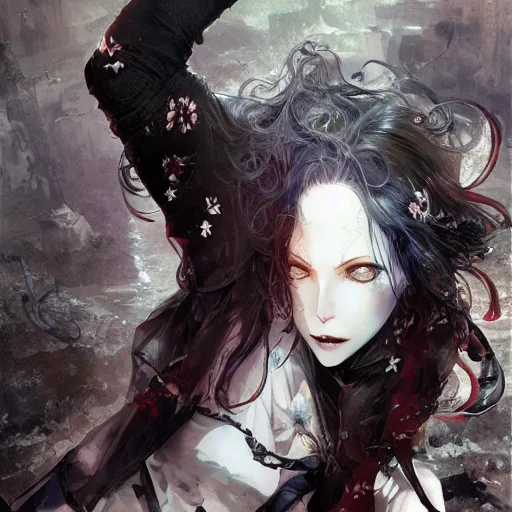 Image similar to goth woman smiling, color page, tankoban, 4 k, tone mapping, akihiko yoshida, james jean andrei riabovitchev marc simonetti, yoshitaka amano, long hair, curly, h. hydrochaeri