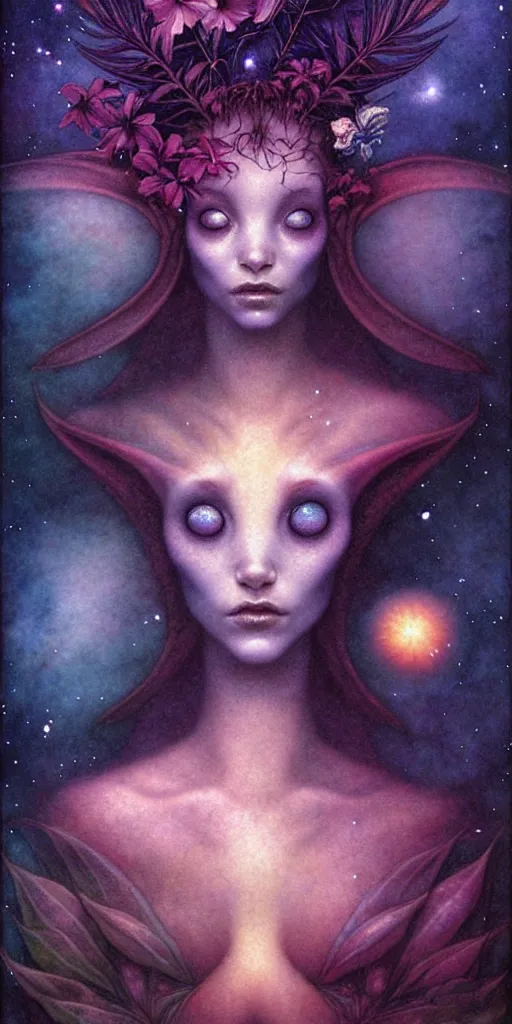 Image similar to tropical flowers, night sky background, nebula, beautiful! coherent! by brom, by brian froud, deep color, strong line, high contrast