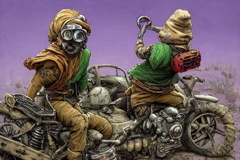 Image similar to a highly detailed garden gnome wearing goggles and head scarf hanging off the back of a car as its speeding down the highway, wasteland, post - apocalyptic road warrior vibe, full body, wide angle, an ultrafine detailed painting by p. craig russell and barry windsor - smith, trending on deviantart, octane, masterpiece