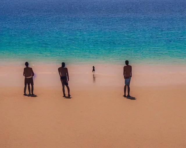 Image similar to a group of people standing on top of a sandy beach, a stock photo by demetrios farmakopoulos, shutterstock contest winner, verdadism, stockphoto, stock photo, photo taken with ektachrome