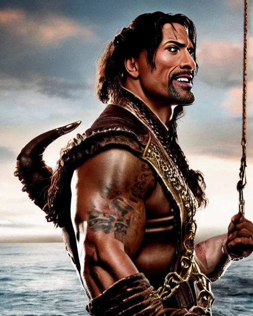 Prompt: Film still close-up shot of Dwayne Johnson as the Captain Hook from the movie Hook. Photographic, photography