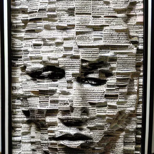 Prompt: portrait constructed from newspaper clips, layered composition, layers, texture, mcu, newspaper, highly textured, layered, sculpted, dynamic,