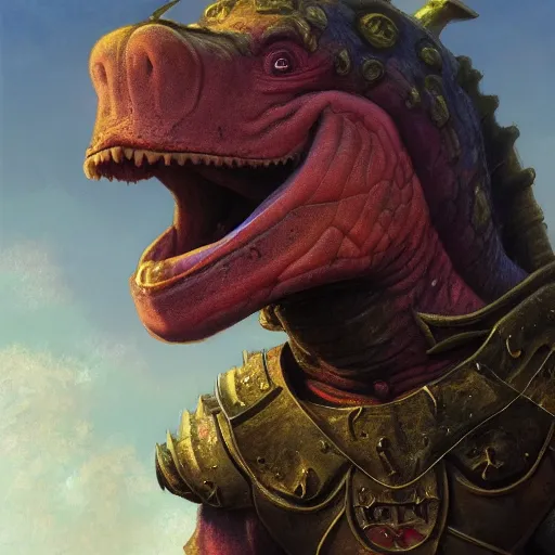 Prompt: barney from barney the dinosaur kids show as a realistic fantasy d & d knight, closeup portrait art by donato giancola and greg rutkowski, digital art, trending on artstation