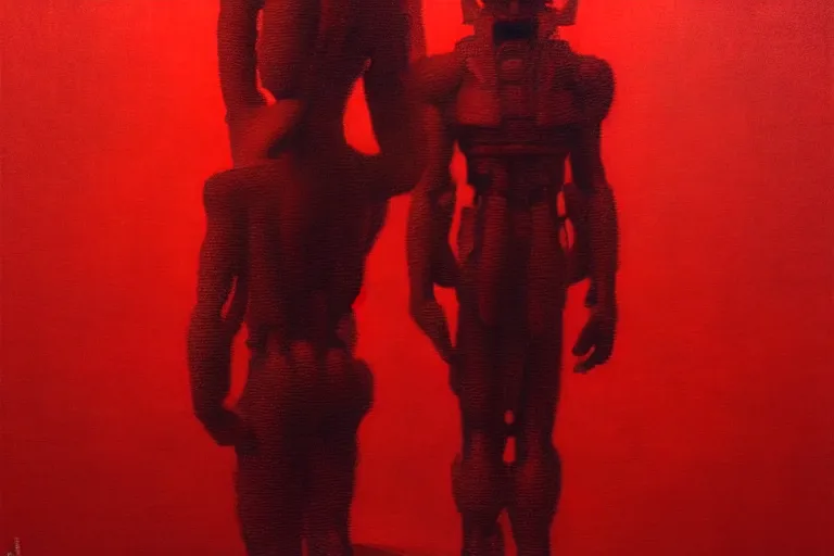 Image similar to only with red, a red samurai humanoid, tokio futuristic in background, yokai, in the style of beksinski, parts by edward hopper, parts by rodcenko, parts by yue minjun, intricate and epic composition, red by caravaggio, insanely quality, highly detailed, masterpiece, red light, artstation, 4 k