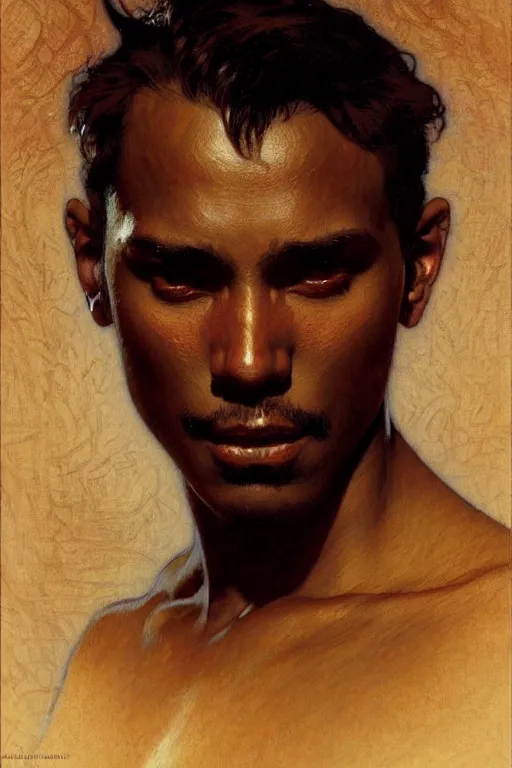 Prompt: attractive man, dark skin, painting by gaston bussiere, craig mullins, greg rutkowski, alphonse mucha