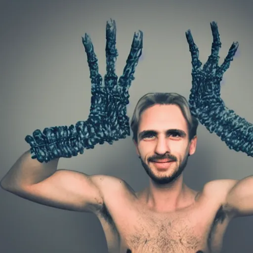 Image similar to ultra detailed photo of a man with many arms covering his entire body