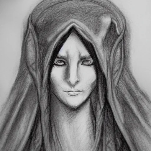 Image similar to charcoal drawing of a elvish priestess