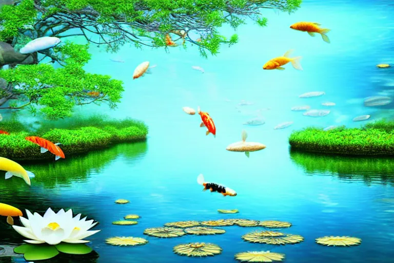 Image similar to aquamarine river, beautiful symmetrical tree of life in the water, large lotus flowers, koi fish, realistic : : super - resolution, 3 d render, intricate and highly detailed, elegant, photorealistic