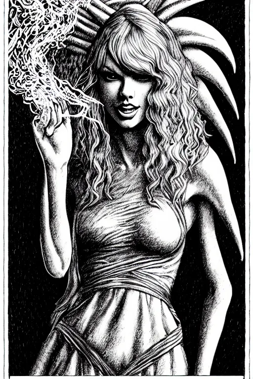 Image similar to taylor swift made of smoke, air elemental, as a d & d monster, full body, pen - and - ink illustration, etching, by russ nicholson, david a trampier, larry elmore, 1 9 8 1, hq scan, intricate details, inside stylized border