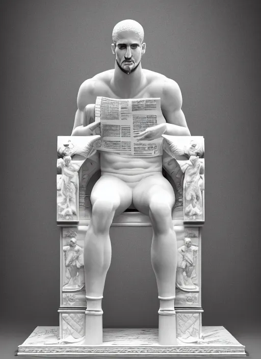 Image similar to a statue made of white marble with gold veins, of klay thompson reading the newspaper, full body shot, perfect symmetrical body, perfect symmetrical face, hyper realistic, hyper detailed, by johannen voss, by peter kemp, by monia merlo, by michelangelo, octane render, blender, 8 k