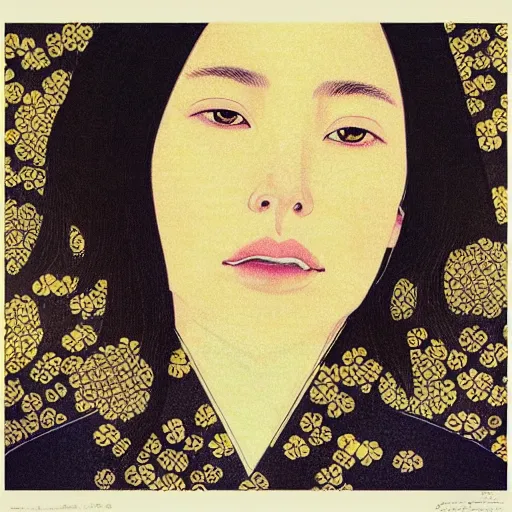 Prompt: “ jessica biel portrait by ikenaga yasunari and ayana otake and ko rakusui, 6 0 s poster, drawing, realistic, sharp focus, japanese, dreamy, nostalgia, faded, golden hues, floral clothes, porcelain skin ”