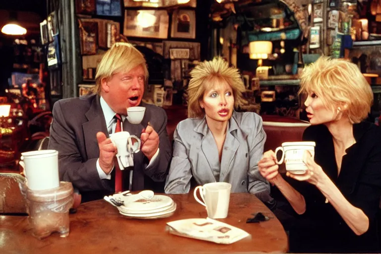 Image similar to Angelina Jolie, boris johnson, The Alien from the movie 'Alien', dolly parton, donald trump are best friends, drinking coffee at central perk, still photo, hyperrealistic, 35mm, 8k, by weta digital