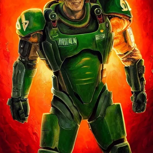 Image similar to Alan Ritchson as doomguy with no helmet, artstation hall of fame gallery, editors choice, #1 digital painting of all time, most beautiful image ever created, emotionally evocative, greatest art ever made, lifetime achievement magnum opus masterpiece, the most amazing breathtaking image with the deepest message ever painted, a thing of beauty beyond imagination or words, 4k, highly detailed, cinematic lighting