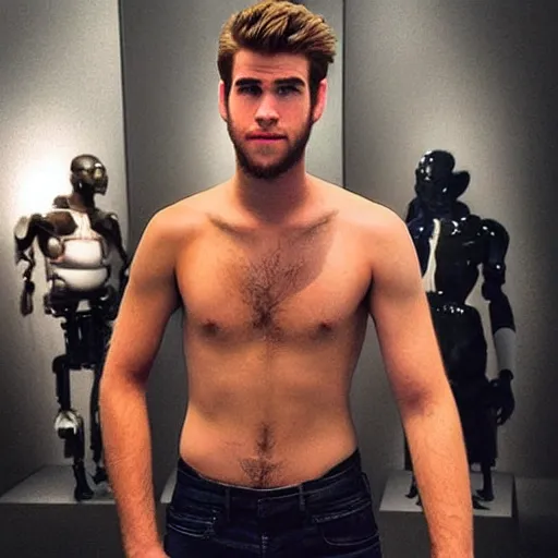 Image similar to “a realistic detailed photo of a guy who is an attractive humanoid who is half robot and half humanoid, who is a male android, actor Liam Hemsworth, shiny skin, posing like a statue, blank stare, at the museum, on display”