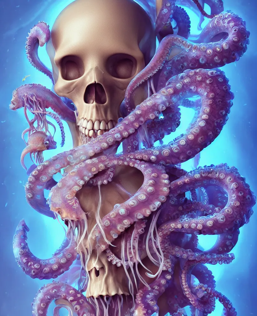 Image similar to goddess close - up portrait human skeleton, ram skull, octopus, jellyfish, orchid, betta fish, bioluminiscent, intricate artwork by tooth wu and wlop and beeple. octane render, trending on artstation, greg rutkowski very coherent symmetrical artwork. cinematic, hyper realism, high detail, octane render, 8 k