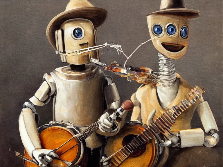 Prompt: painting of a country bumpkin robot playing a banjo, straw in his mouth, style of chriss foss, high detail, hyper realistic, 8 k