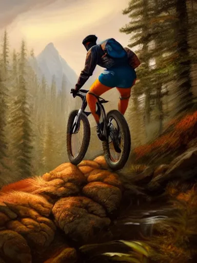 Image similar to handsome man riding a mountain bike in the wild, downhill. intricate, elegant, highly detailed, digital painting, artstation, cinematic shot, concept art, sharp focus, illustration, by justin gerard and artgerm, 8 k