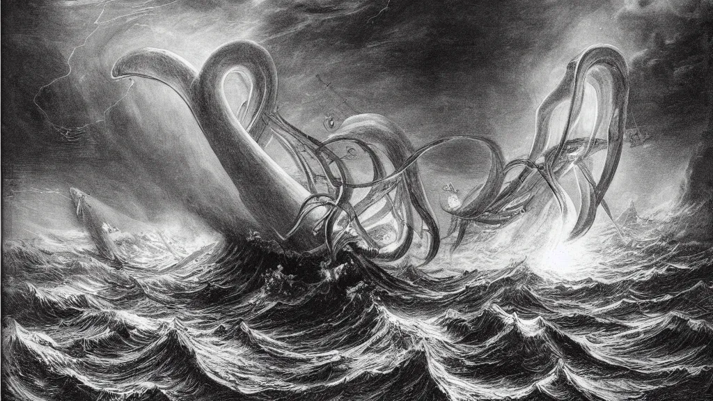 Image similar to drawing of one giant squid attacking a submarine beneath a stormy ocean, by gustave dore, nineteenth century, black and white, vintage, science fiction, epic composition, dramatic lighting, highly detailed, cinematic