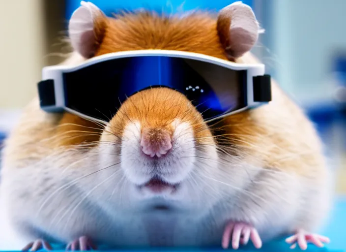 Image similar to film still of a hamster wearing goggles working in a research lab finding the cure for cancer, 8 k