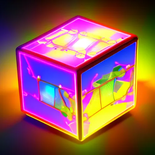 Image similar to a steampunk cube inside a hypercube consisting of fractals shiny luminescence neocube nanostructure neon colorful detalized lines, background mirror lake in magical colorful fog, octane render, hyper realistic, ultra realistic