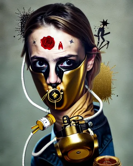 Image similar to portrait of a spy wearing oxygen mask, has gold, silver, starry, rose, a pistol and a syringe needle with sea background intricate details with horror side profile by Sandra Chevrier and bastien lecouffe deharme, intuitive