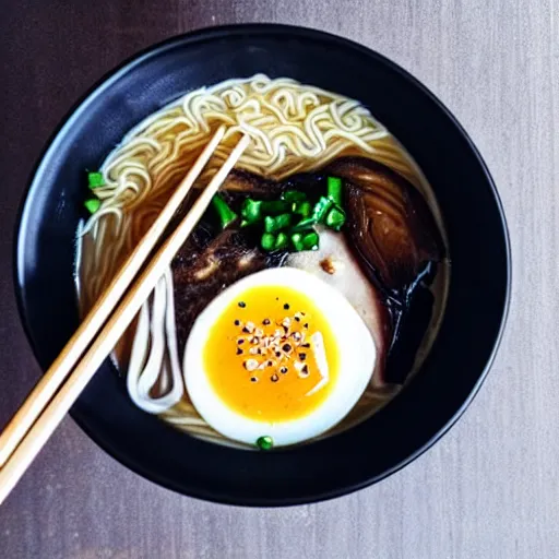 Image similar to A top view of a tonkotsu ramen next to a window on a rainy day