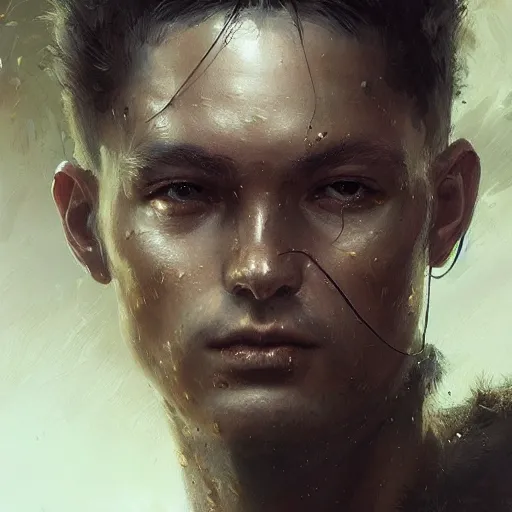 Prompt: a dramatic epic ethereal portrait of a futuristic soldier, young male, detailed face, cinematic lighting, highly detailed oil on canvas painting by Greg Rutkowski, winning-award digital art trending on Artstation H 1024 W 832